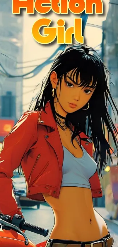 Anime girl in urban setting with red jacket on motorcycle.