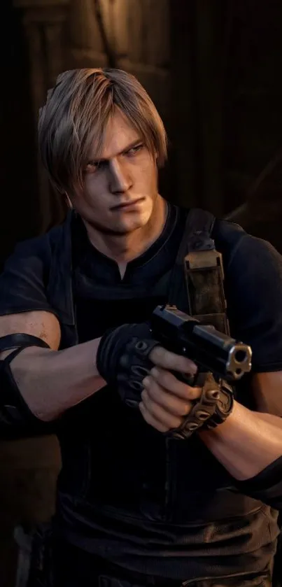 Intense action hero holding a weapon in dynamic pose.