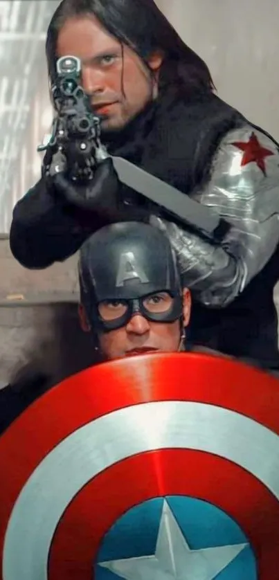 Action heroes with shield in cinematic scene.