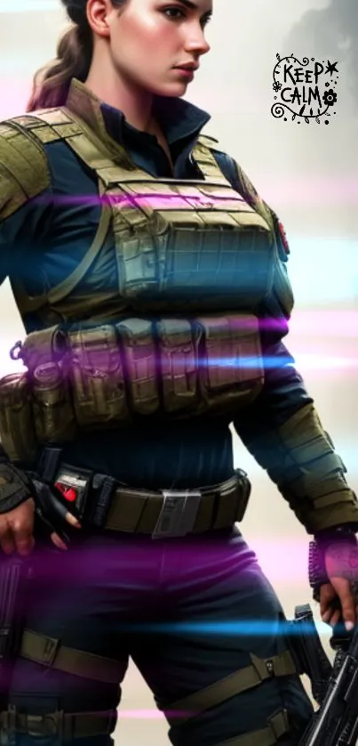 Female action hero in tactical gear with vibrant light streaks.