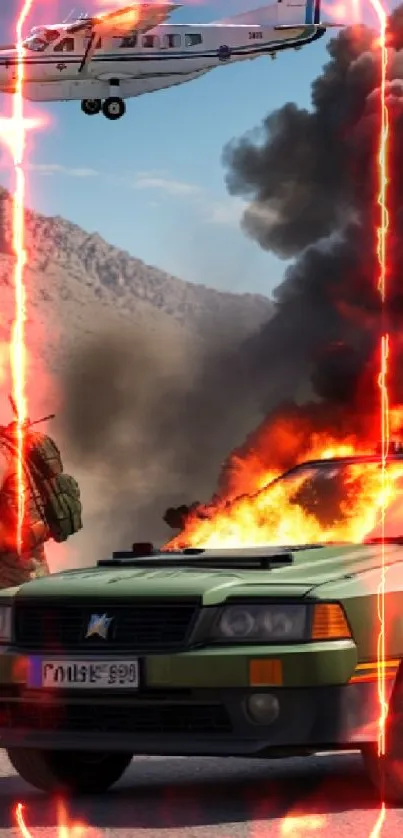 Dramatic action scene with car on fire, soldier, and plane overhead.