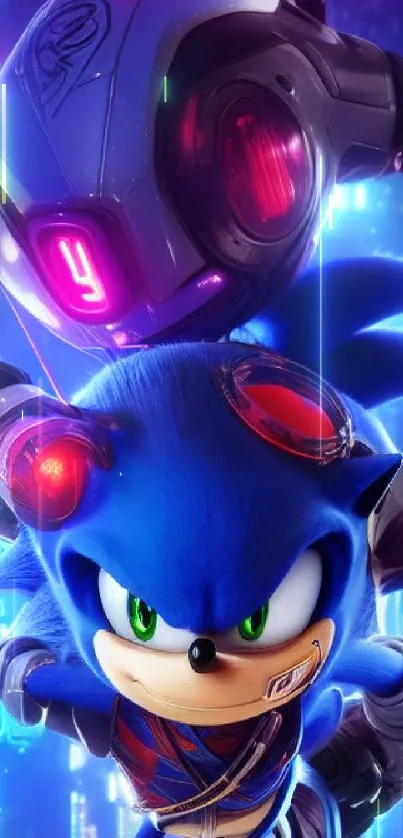 Vibrant blue hedgehog in action-packed pose on futuristic background