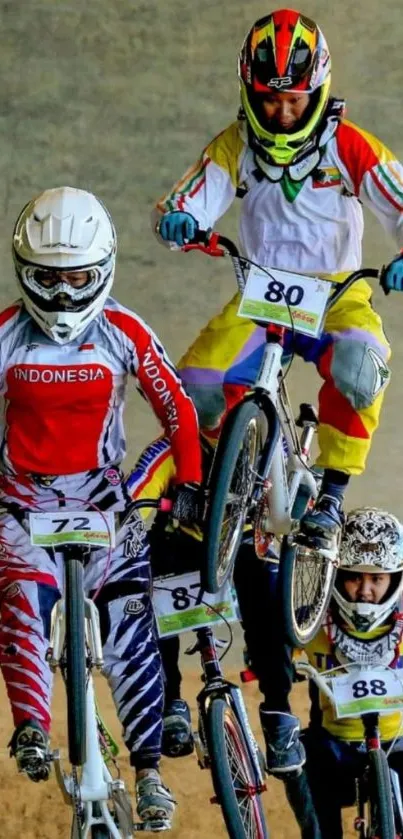 BMX cyclists in action at a thrilling race.