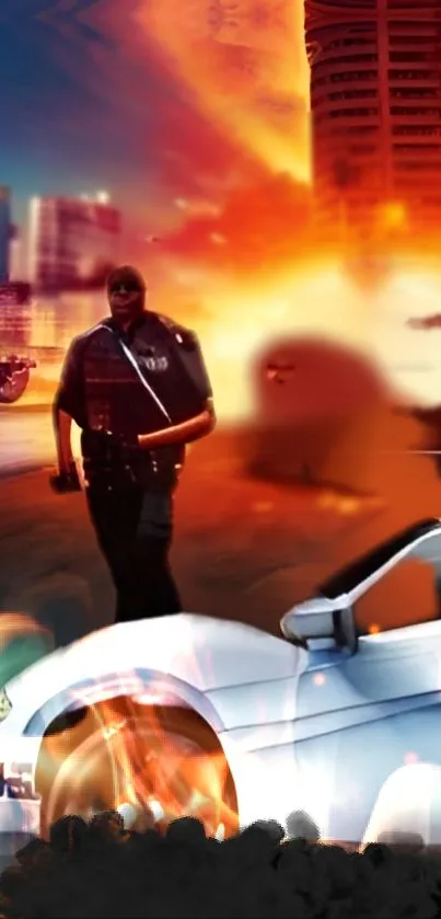 Action-packed cityscape with police and car.