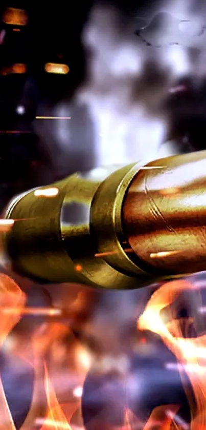 Dynamic image of a bullet with flames and smoke.