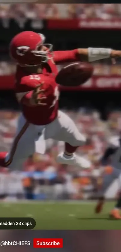 Football player in red uniform captures thrilling action on the field.