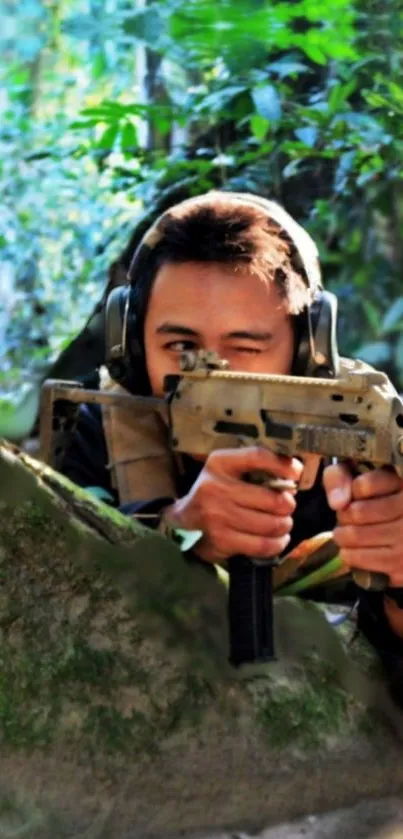 A soldier aiming in a forest environment with camouflage and tactical gear.