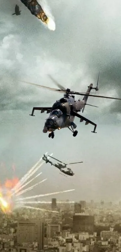 Helicopter battle scene with city explosions and smoke.