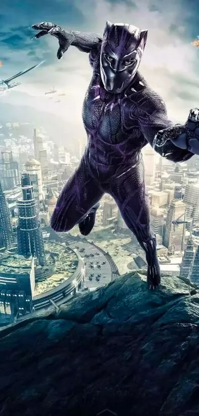 Heroic figure leaping in futuristic cityscape wallpaper.