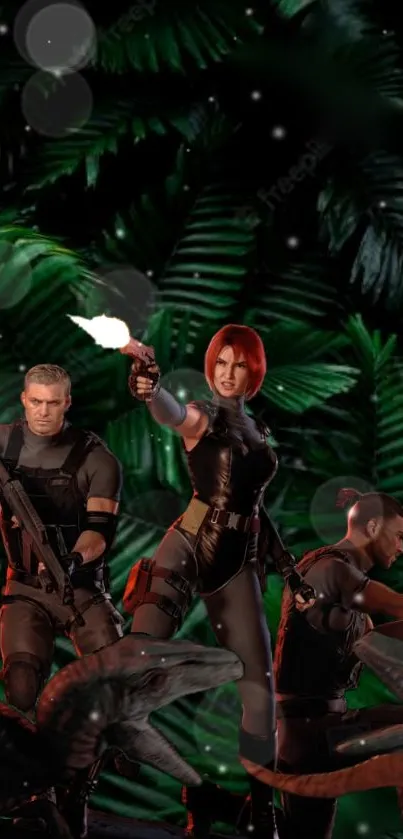 Action characters in a lush jungle setting with vibrant green leaves.