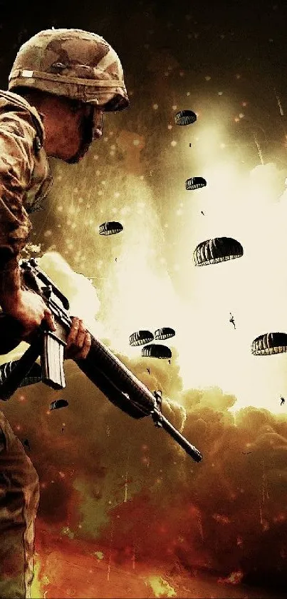 Dynamic military wallpaper featuring a soldier in action with parachutes and fiery background.