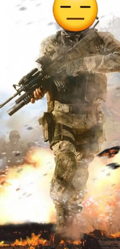 Soldier amidst explosive flames in action-packed scene.