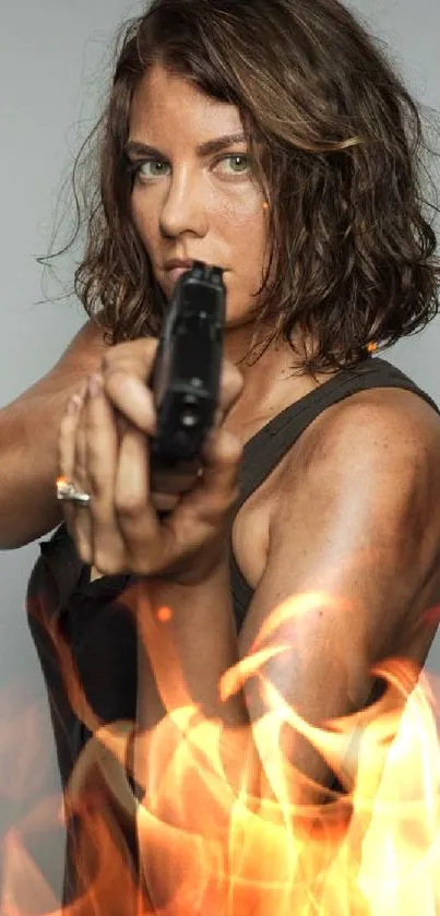 Woman aiming gun, intense focus and strong gaze.