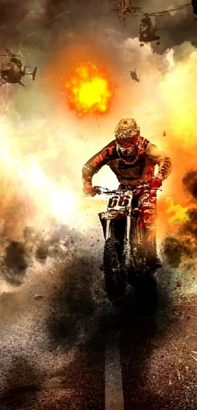 Motorcyclist racing through explosions with helicopters overhead.