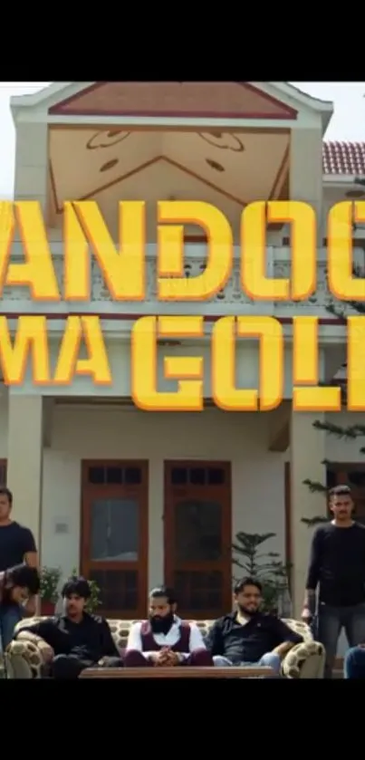 Movie scene with bold text and villa backdrop on wallpaper.