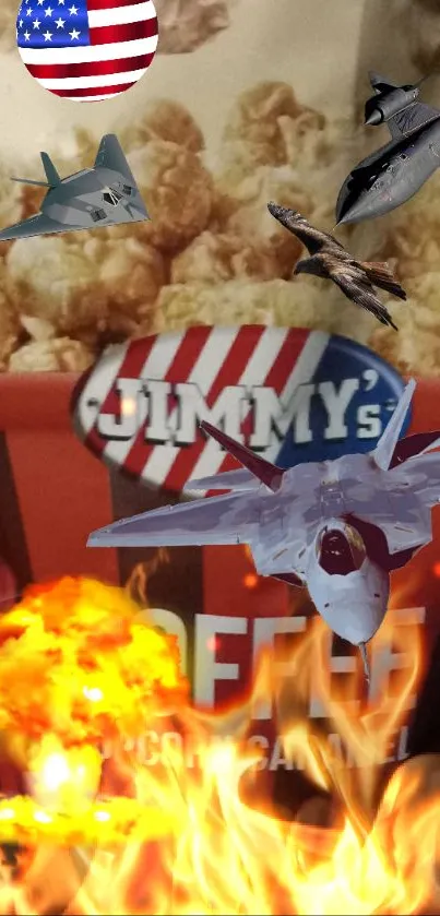 Wallpaper with fighter jets and popcorn explosion.