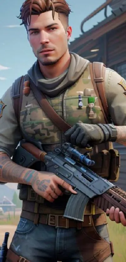 Stylized soldier holding rifle in tactical gear.