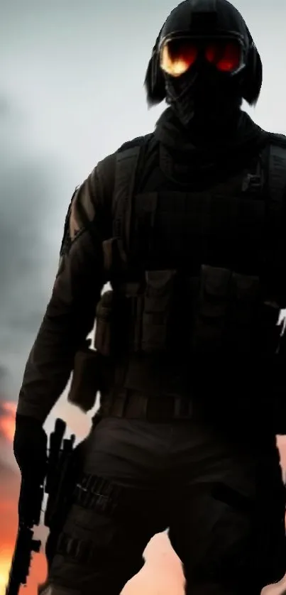 Intense soldier in action with fiery background on mobile wallpaper.