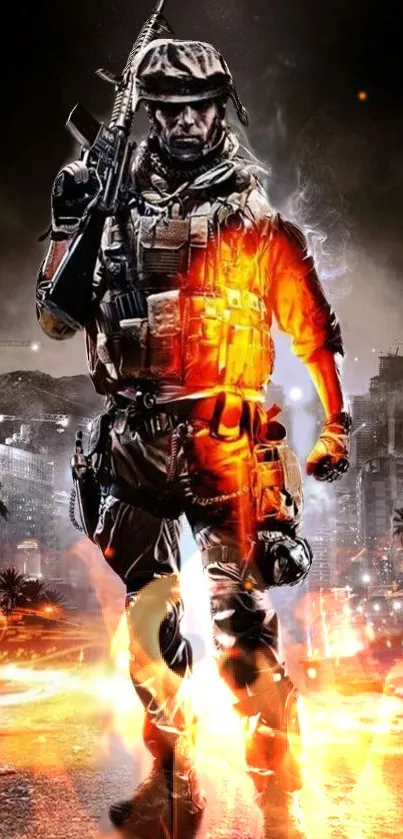 Dynamic wallpaper featuring a soldier amidst fiery urban battleground.