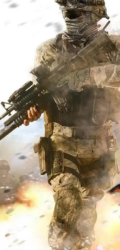 Dynamic soldier in action with explosions in background.