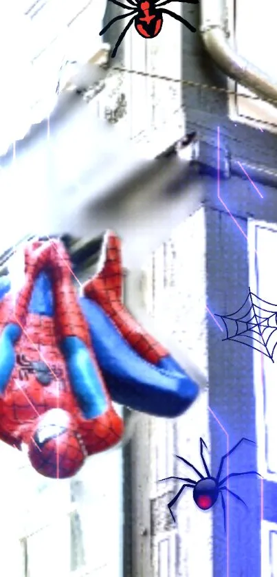 Spider-Man wallpaper with city background and web graphics.
