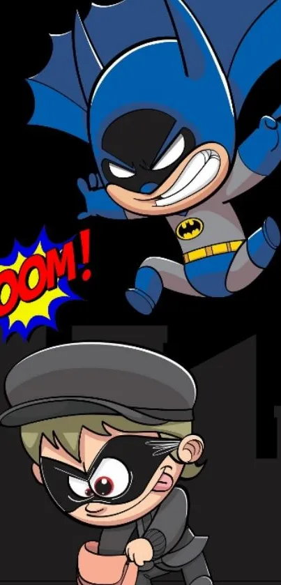 Cartoon superhero chasing villain with a 'Boom!' sound effect.