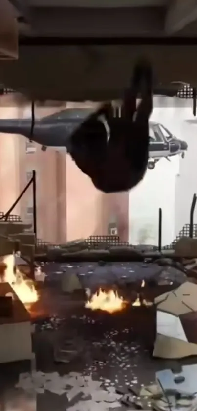 Action-packed urban escape scene with helicopter and flames.