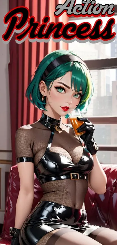 Anime character in black outfit with green hair in a luxury room setting.