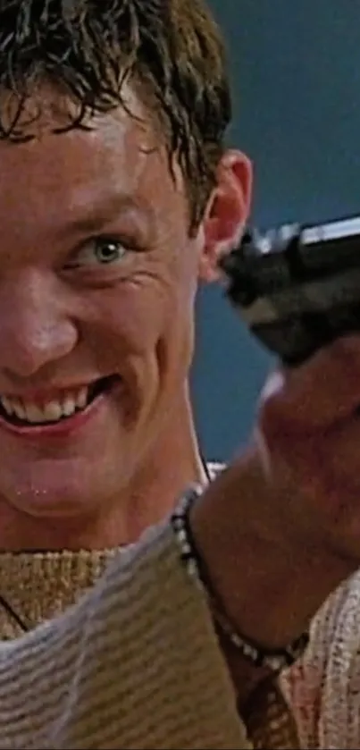 Smiling man aiming gun in action scene.