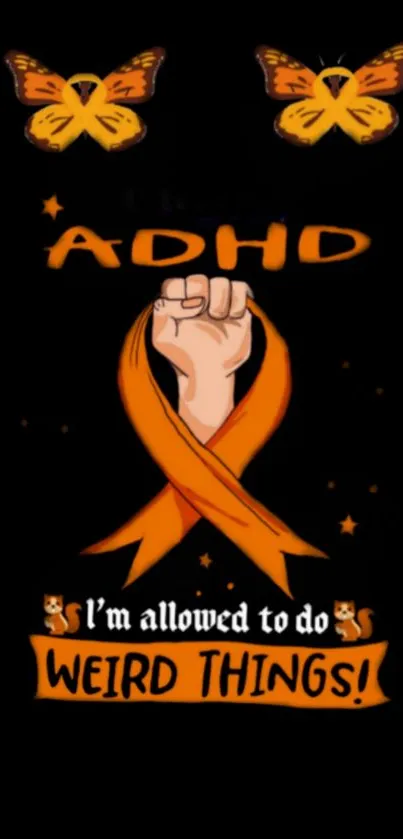 ADHD themed wallpaper with fist and orange ribbon on black background.