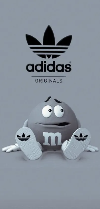 Adidas logo with M&M character in gray artwork.