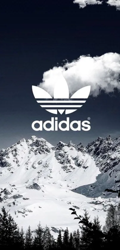 Adidas logo over snowy mountain landscape with dark sky.