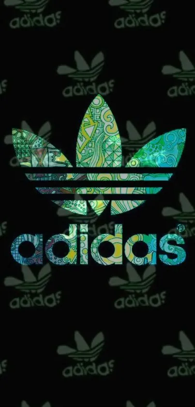 Adidas logo with vibrant leaf pattern on dark background.