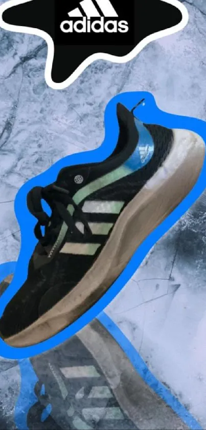 Adidas shoe on blue-accented abstract marble background.