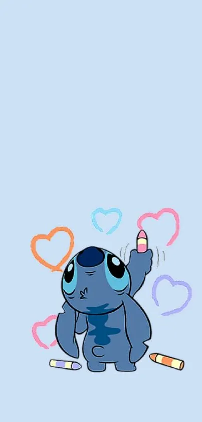 Cute blue alien draws colorful hearts on light blue background wallpaper.