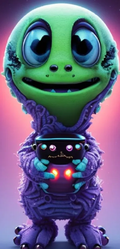 A cute alien with neon glow, holding a glowing device, in vibrant colors.