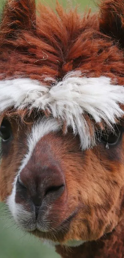 Cute alpaca with fluffy white hair in a green field.