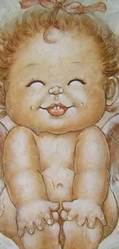 Smiling angel baby wallpaper featuring an adorable cherub with wings.