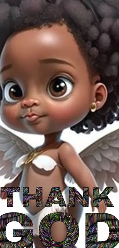 Charming cartoon angelic baby with wings and 'Thank God' text.