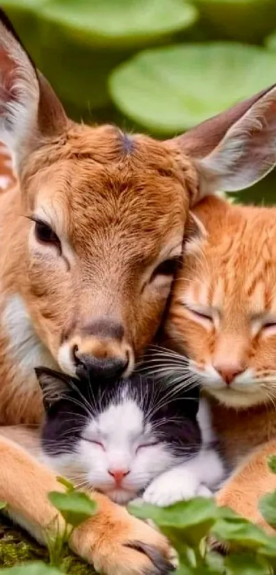 Deer, cat, and kitten snuggled in a peaceful woodland setting.