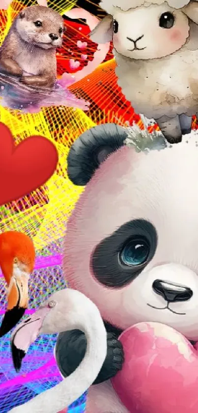 Adorable panda with heart on vibrant animal-themed wallpaper.