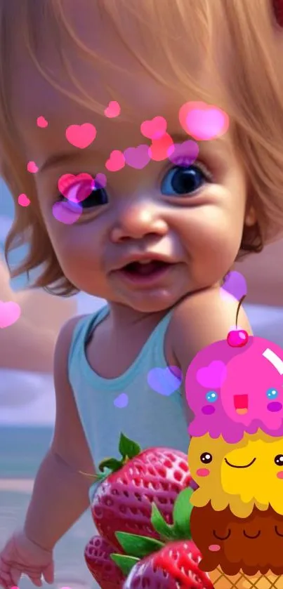 Cute animated baby with strawberries and hearts.