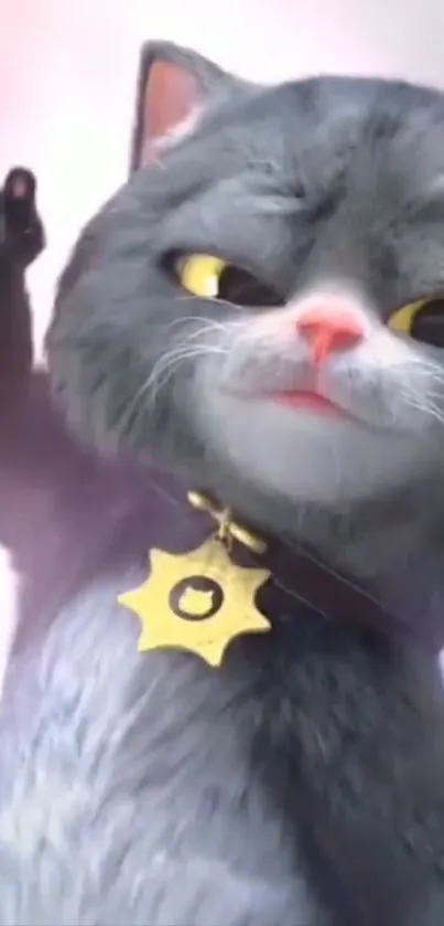 Charming gray animated cat with yellow eyes and a playful expression.