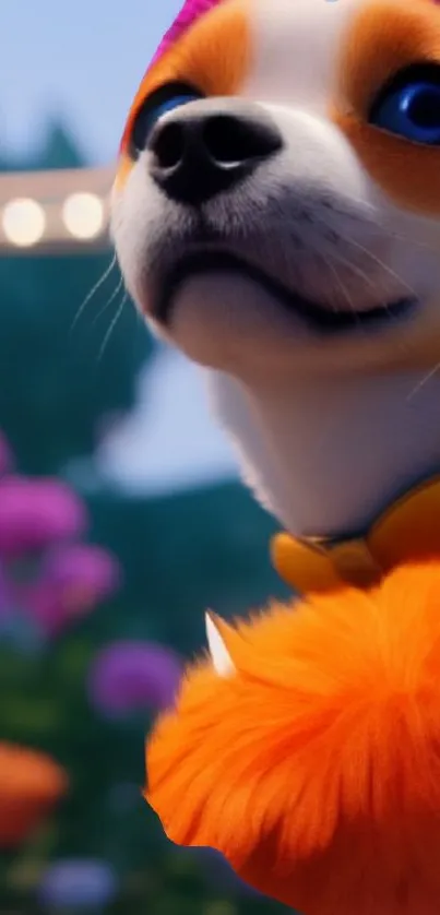 Cute animated dog with orange fur in a colorful garden scene.