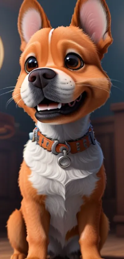 Cheerful animated corgi sitting indoors with warm lighting and intricate details.