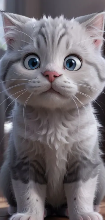 Adorable animated kitten with blue eyes and fluffy fur in a cozy room.