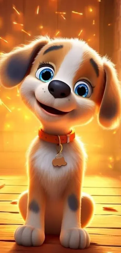 Adorable animated puppy with bright eyes and joyful expression on warm background.