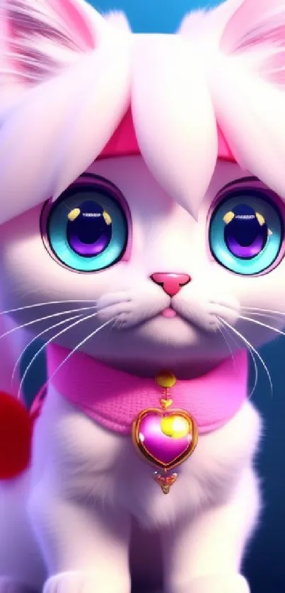 Cute anime cat with a pink heart necklace and bright blue eyes.