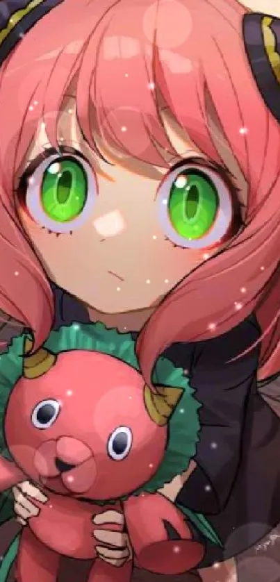 Anime character with green eyes holding a toy on a wooden floor.