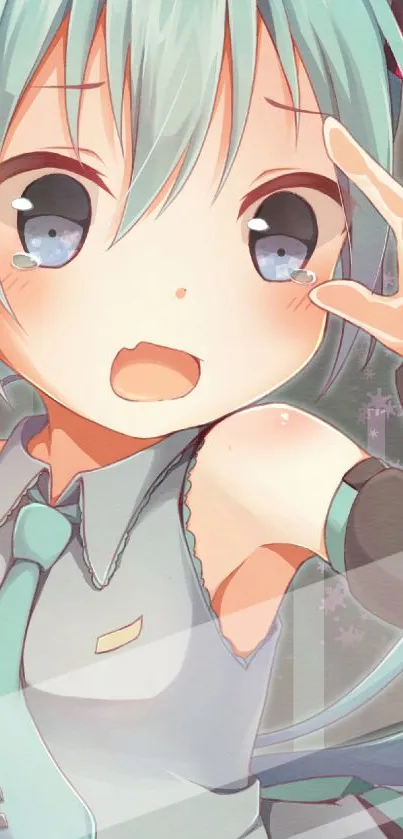 Cute anime wallpaper with teal-haired character looking surprised.